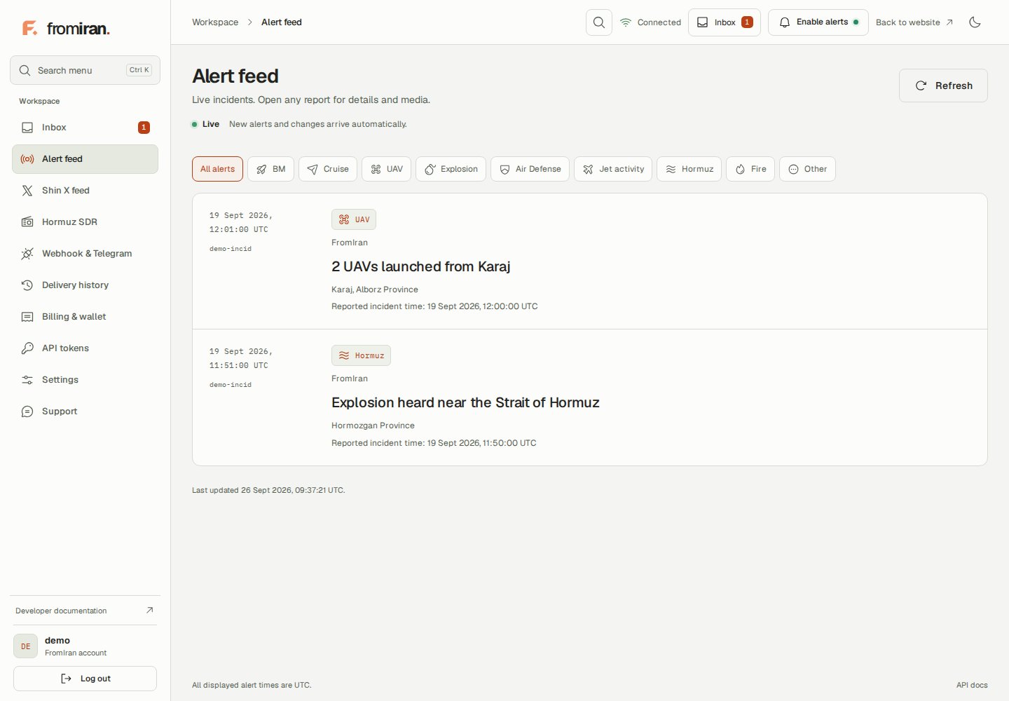 Illustrative FromIran account showing the live incident feed and connection status.